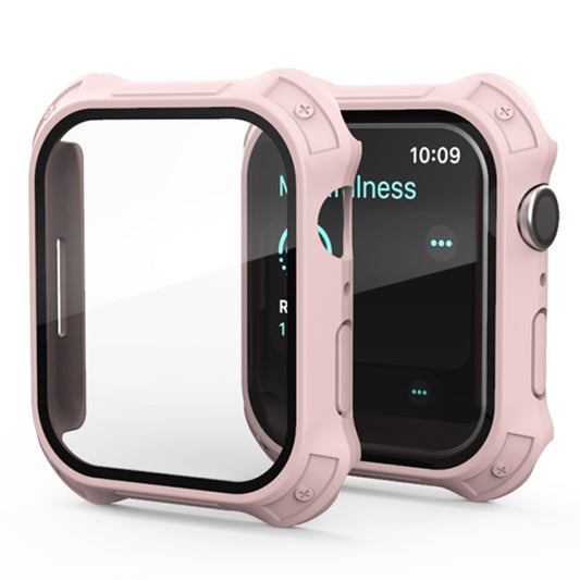 Pink 2-in-1 Apple Watch case with tempered glass screen protector, frosted film