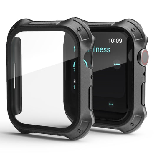 Dark blue 2-in-1 PC frame case with tempered glass screen film for Apple Watch, angled view