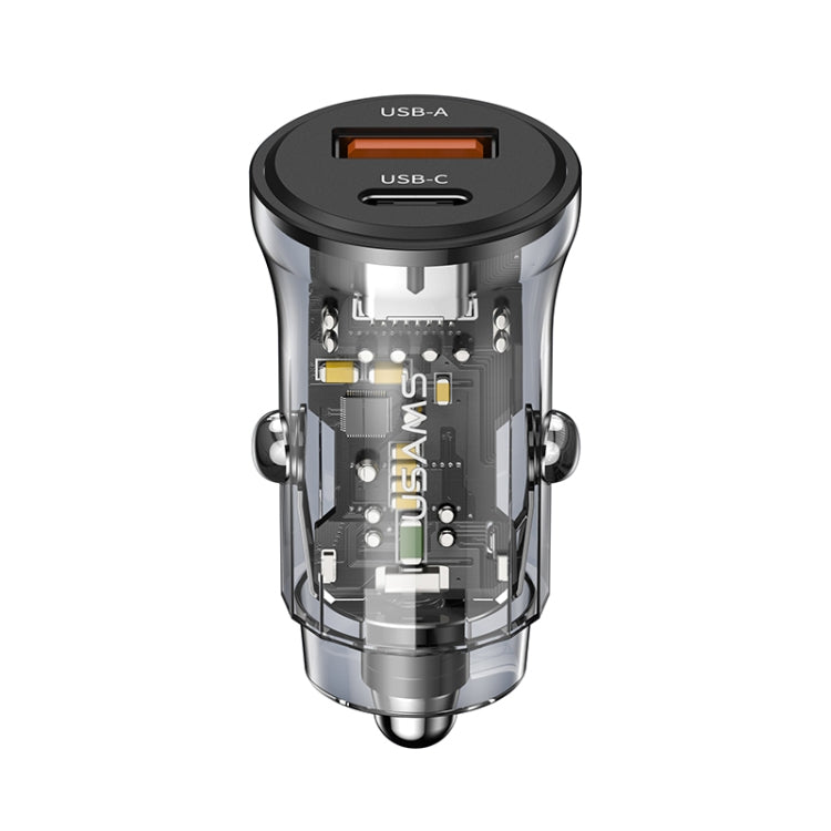 USAMS transparent dual-port mini car charger with USB-A and USB-C ports, black
