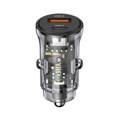 USAMS transparent dual-port mini car charger with USB-A and USB-C ports, black