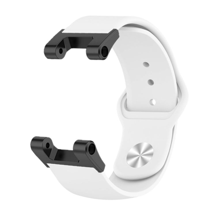 Silicone reverse buckle watch band, white strap close-up with metal clasp and pin