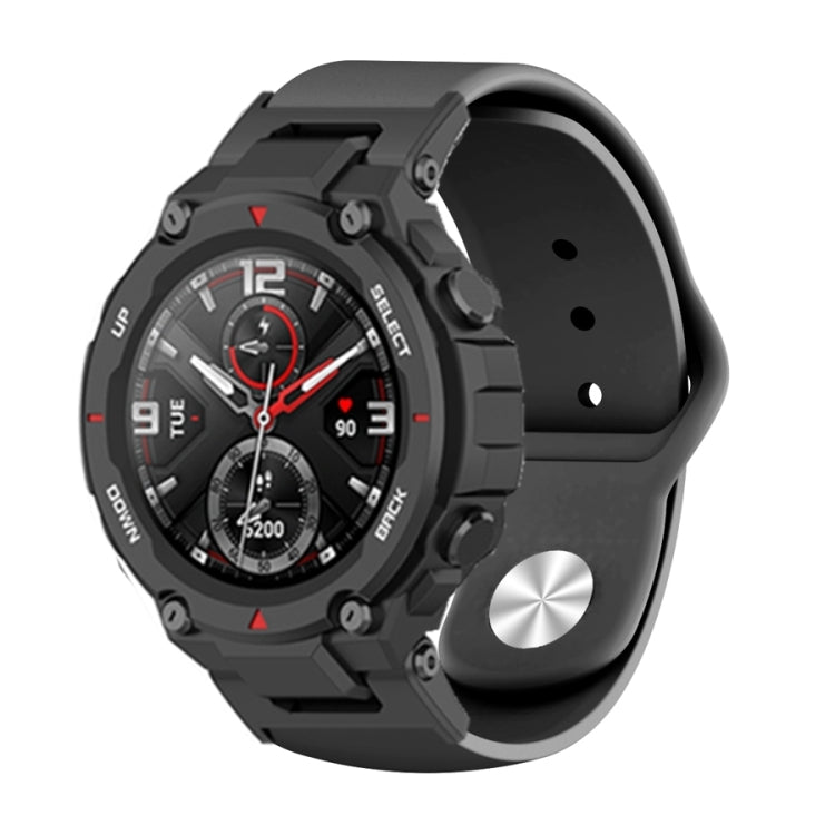 Silicone reverse buckle watch band, black silicone strap with round metal accent