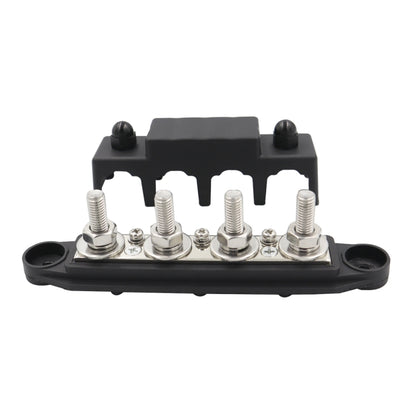 RV high-current power distribution terminal block with black cover and four screw studs