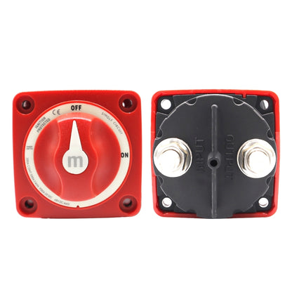 Red battery power off switch with OFF dial, m logo, and mounting screw holes