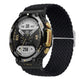 Black braided nylon watch band with adjustable buckle and chunky woven texture