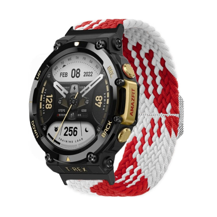 Red and white braided nylon watch band with adjustable buckle and woven strap