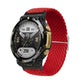 Red braided nylon watch band with adjustable buckle and loop strap, on a black watch case