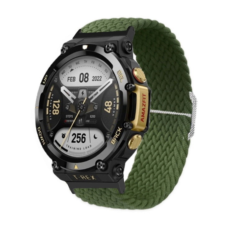 Green braided nylon watch band with adjustable buckle and contrast light-gray stitching on black watch