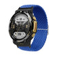 Blue braided nylon watch band with adjustable buckle and chunky woven knit on a black watch