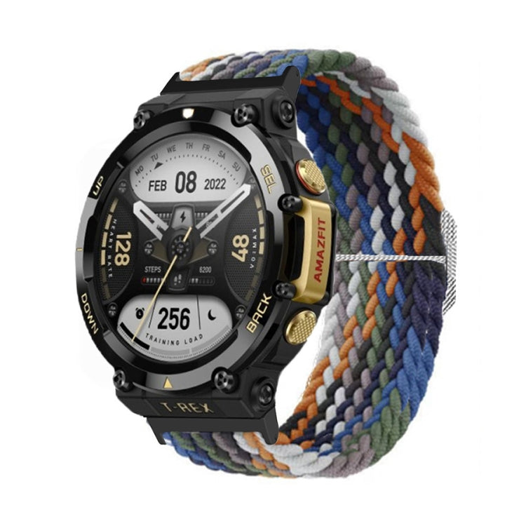 Multicolor braided nylon watch band with adjustable buckle and striped knit pattern on black watch