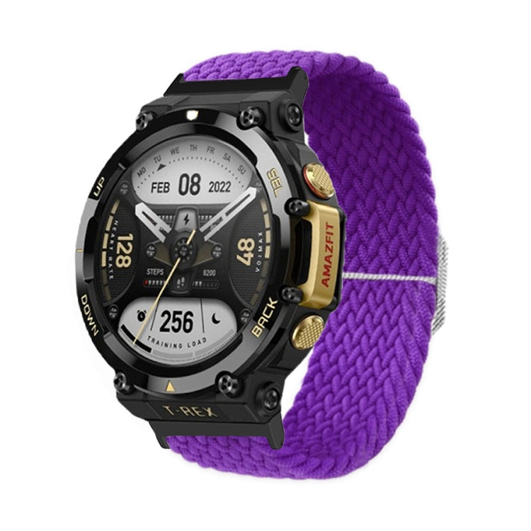 Purple braided nylon watch band with adjustable buckle and woven knit texture on a black watch