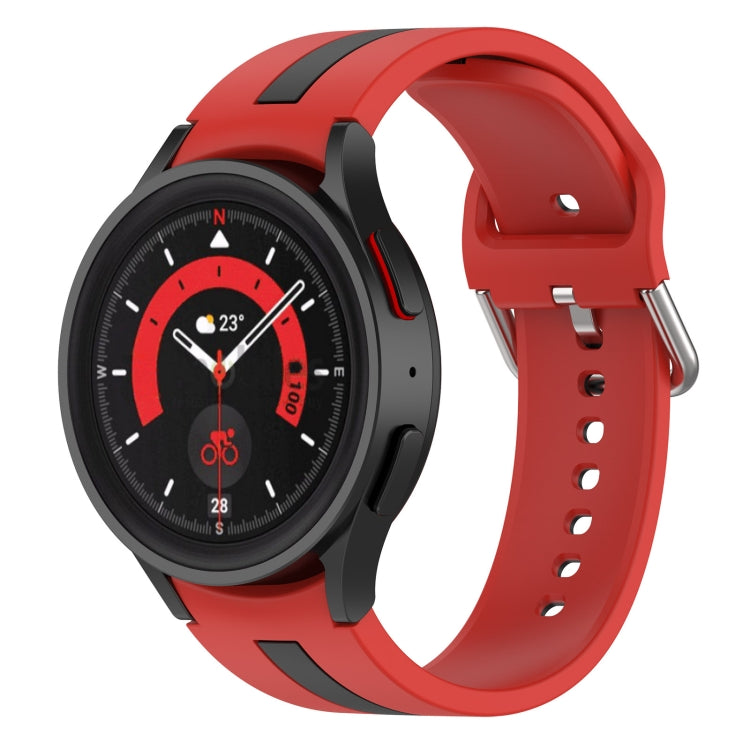 Two-tone striped silicone watch band with red accents and black smartwatch body for Galaxy Watch.