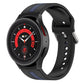 Two-tone striped silicone watch band in black with blue stripe details and vented clasp.