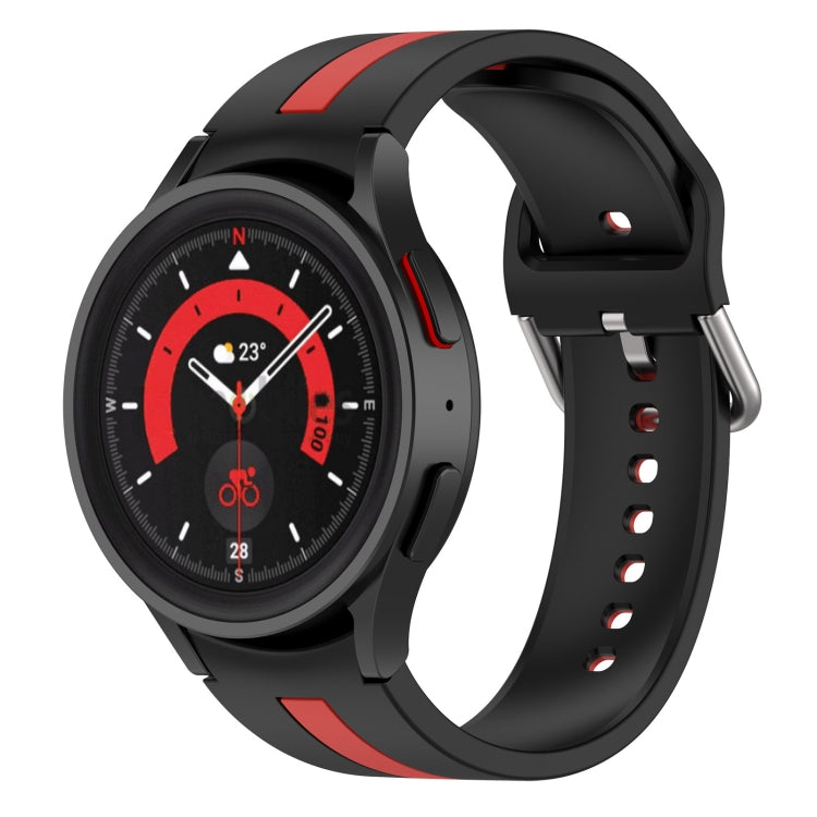Two-tone striped silicone watch band in black with red accent stripe and perforated holes.