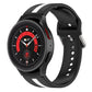 Two-tone striped silicone watch band in black with white stripe top and perforated holes.