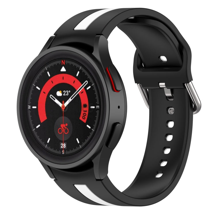 Two-tone striped silicone watch band in black with white stripe top and perforated holes.