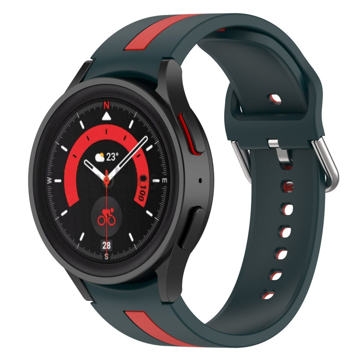 Two-tone striped silicone watch band in dark teal/green with red stripe accents and holes.