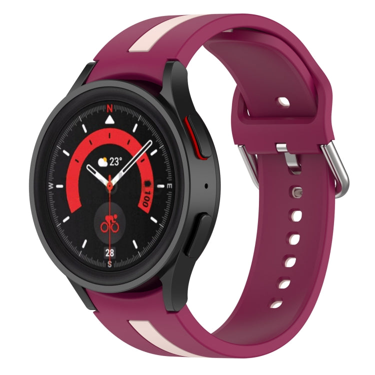 Two-tone striped silicone watch band in magenta with white stripe and perforated adjustment holes.