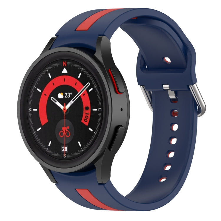 Navy blue silicone watch band with red stripe, perforated holes and metal pin clasp