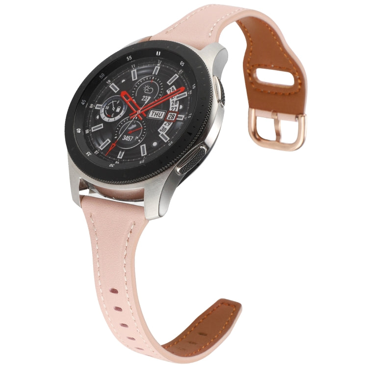 22mm genuine leather watch band in light pink with brown reverse buckle and stitched holes