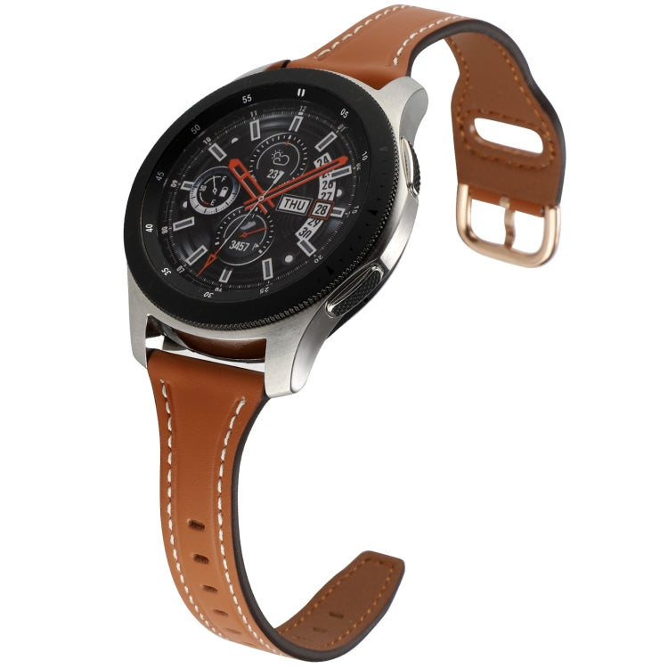 22mm genuine leather watch band in tan-brown with rose-gold reverse buckle and curved strap