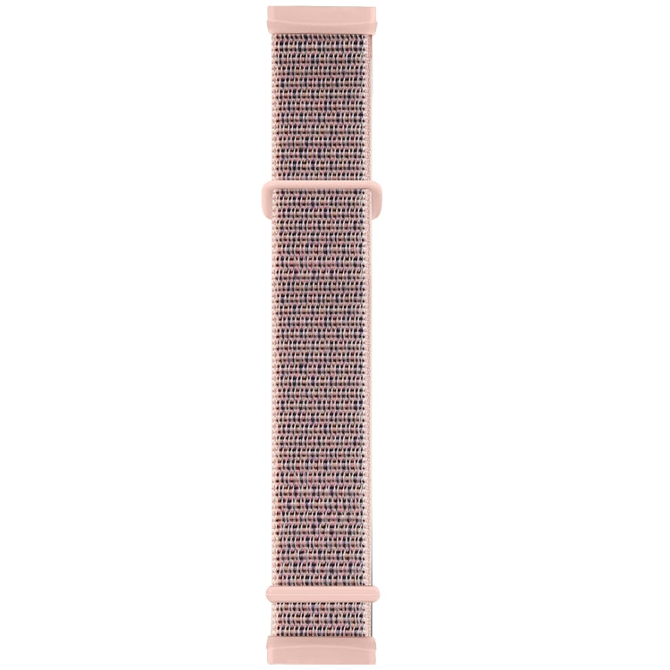 Pink-toned woven nylon watch band with dark gray center panel and buckle tabs