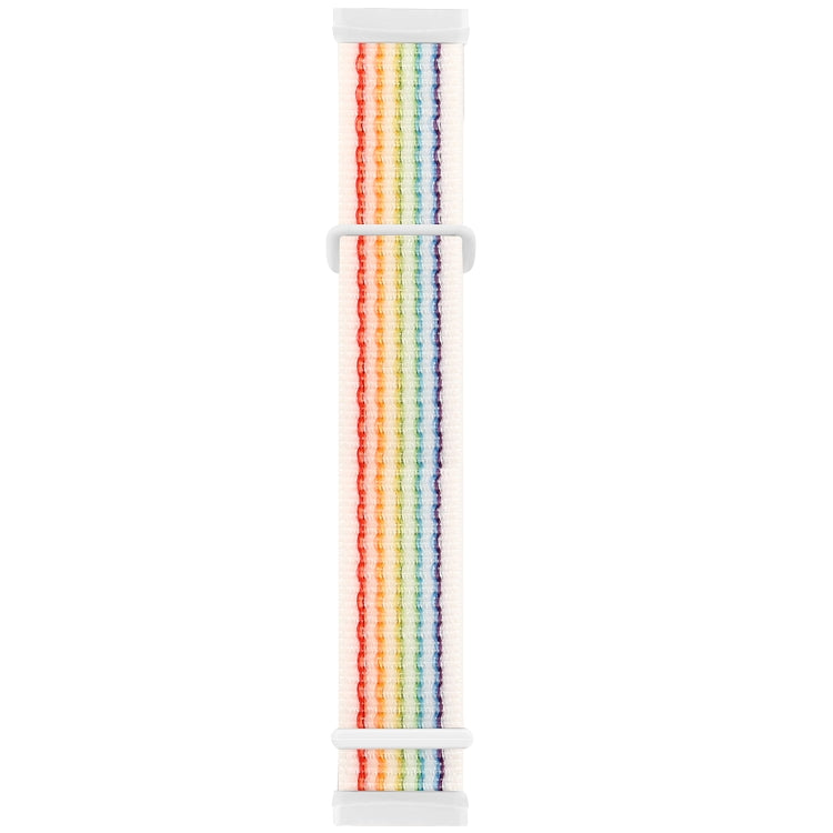 Rainbow striped woven nylon watch band with white buckle tabs