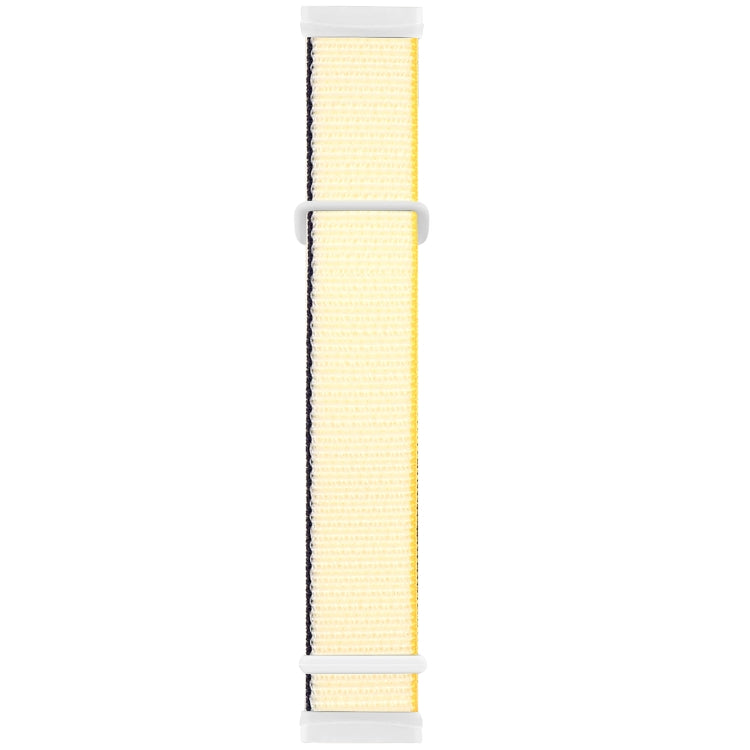 Two-tone pale yellow and dark navy woven nylon watch band with white buckle tabs