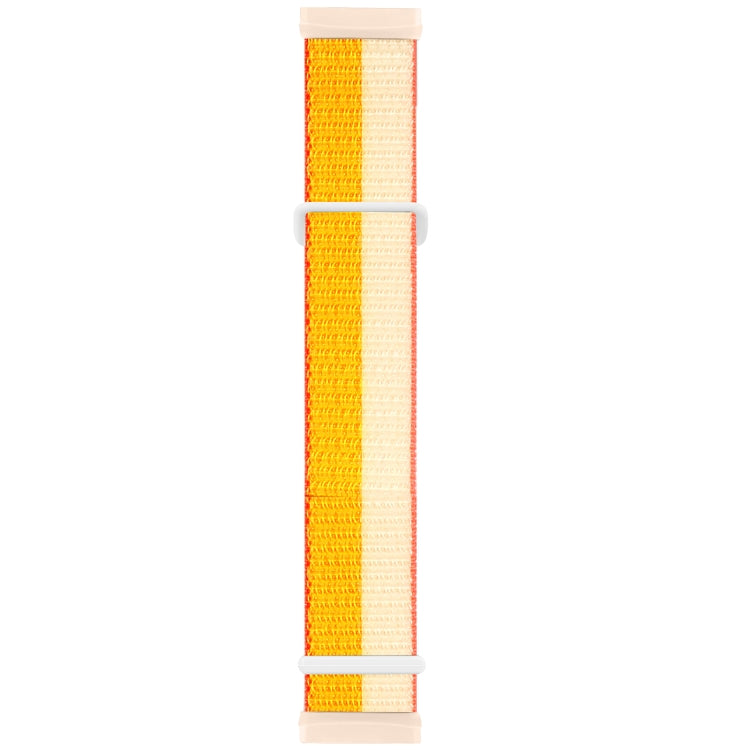 Two-tone orange and cream woven nylon watch band with white buckle tabs