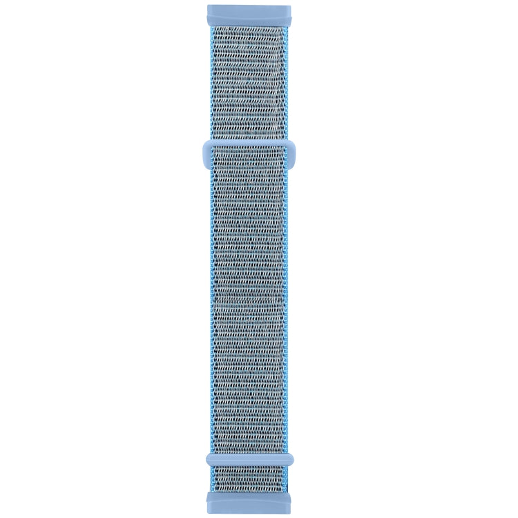 Blue-gray woven nylon watch band with light blue buckle tabs