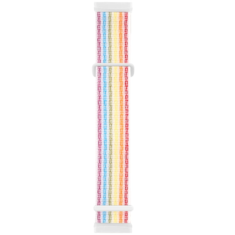 Multi-color striped woven nylon watch band with white buckle tabs