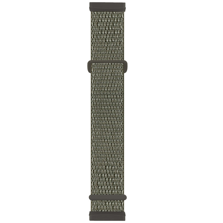 Nylon buckle watch band with olive green woven texture and black rubber ends