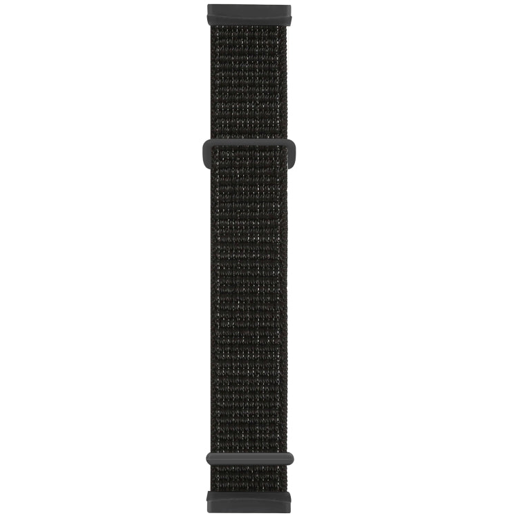 Nylon buckle watch band with black woven texture and black rubber ends