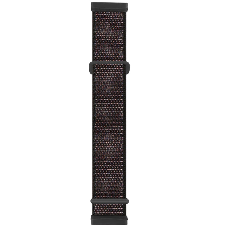 Nylon buckle watch band with black woven texture and multicolor speckled stripes