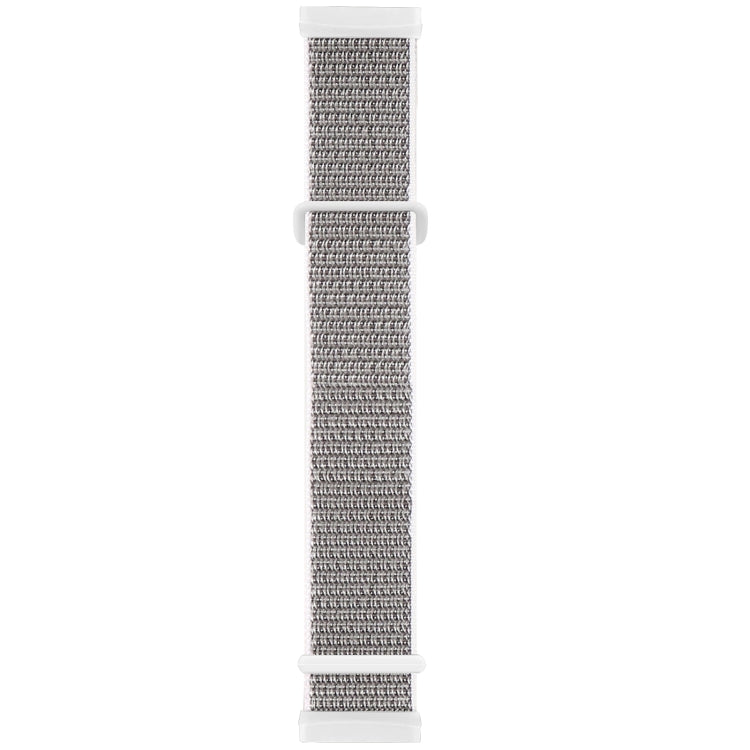 Nylon buckle watch band with light gray woven texture and white rubber ends