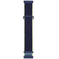Nylon buckle watch band in navy with a green edge stripe and dark rubber ends