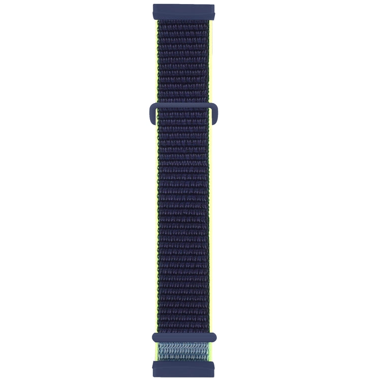 Nylon buckle watch band in navy with a green edge stripe and dark rubber ends