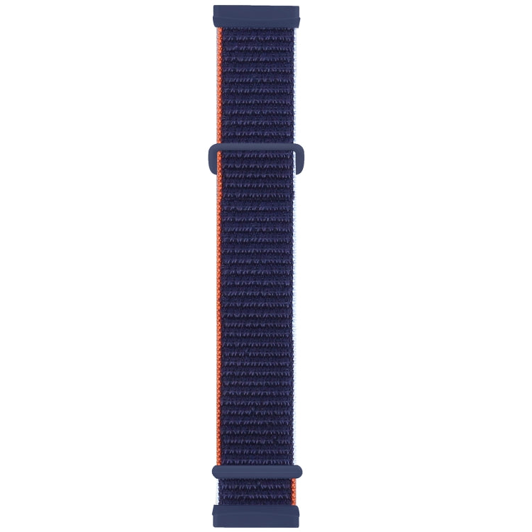 Nylon buckle watch band in navy with an orange edge stripe and dark rubber ends