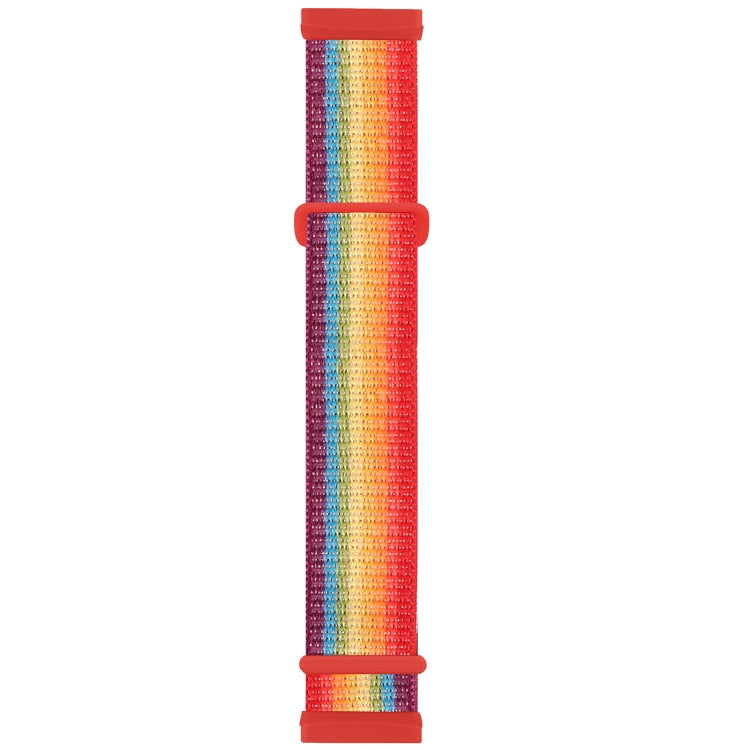 Nylon buckle watch band with rainbow woven stripe and red rubber ends
