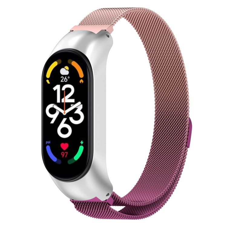 Pink Milanese metal watch band with stainless clasp for fitness tracker.