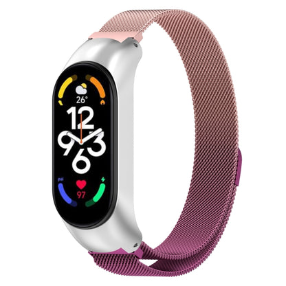 Pink Milanese metal watch band with stainless clasp for fitness tracker.