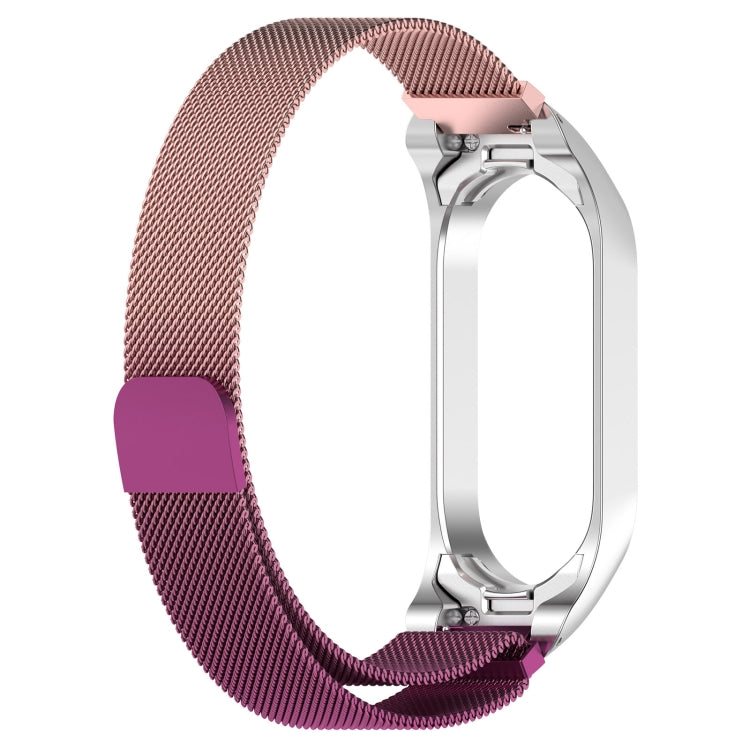 Rose metal Milanese watch band with stainless clasp, full side view.