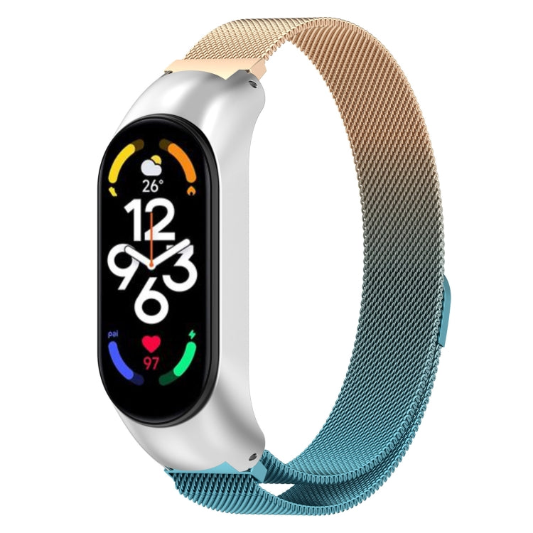 Dual-tone metal Milanese watch band with stainless clasp for fitness tracker.