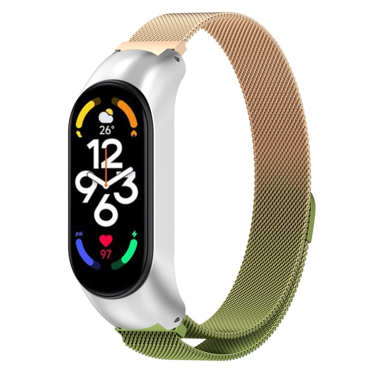 Champagne/gold metal Milanese watch band with stainless clasp for fitness tracker.