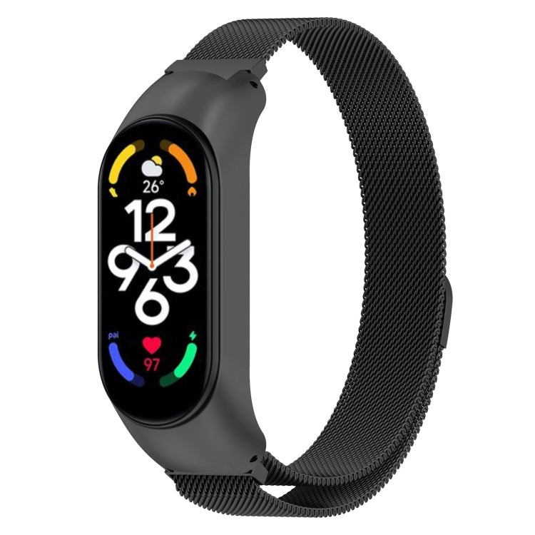Black Milanese metal watch band with stainless clasp for fitness tracker.