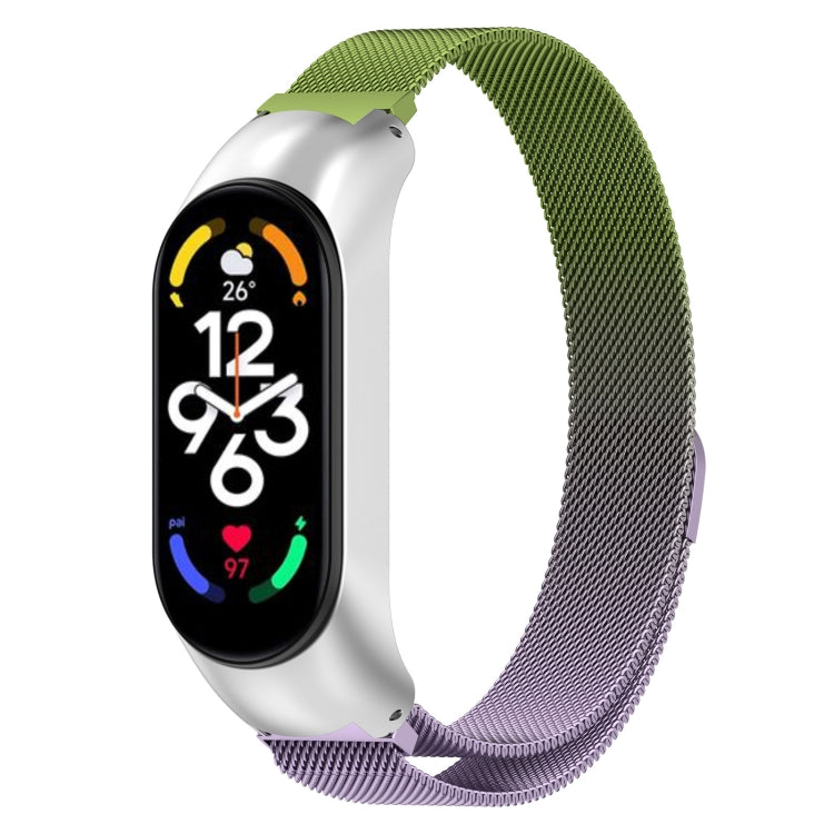 Green metal Milanese watch band with stainless clasp, ombre purple end.