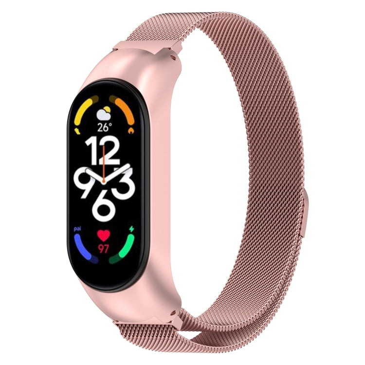 Rose pink Milanese metal watch band with stainless clasp for fitness tracker.