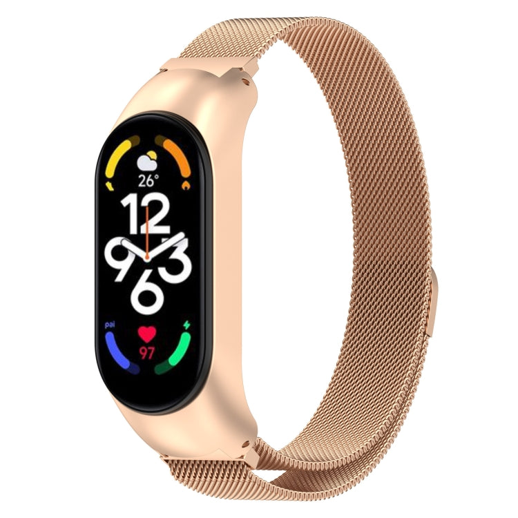Rose gold metal Milanese watch band with stainless clasp for fitness tracker.