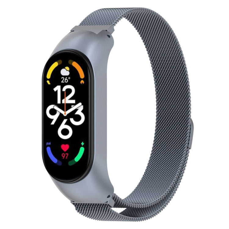 Space gray Milanese metal watch band with stainless clasp for fitness tracker.