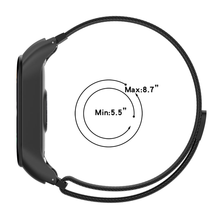 Black Milan metal watch band size range: Min 5.5 in, Max 8.7 in